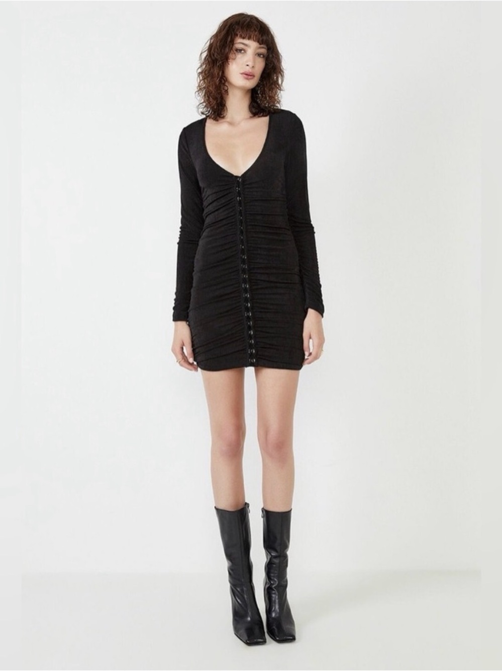 Bardot Demi Ruched Mini Dress XS Black Long Sleeve Button Front NWT Going Out
